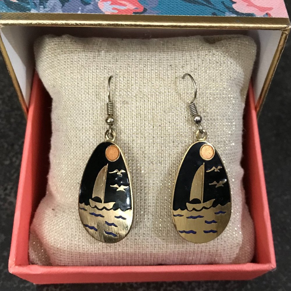 Gold and Black Cloisonne Sailboat Earrings 1980s